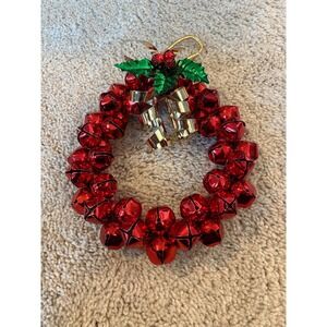 Vintage Red Jingle Bell Christmas Wreath Ornament with Holly and Ribbon Festive‎